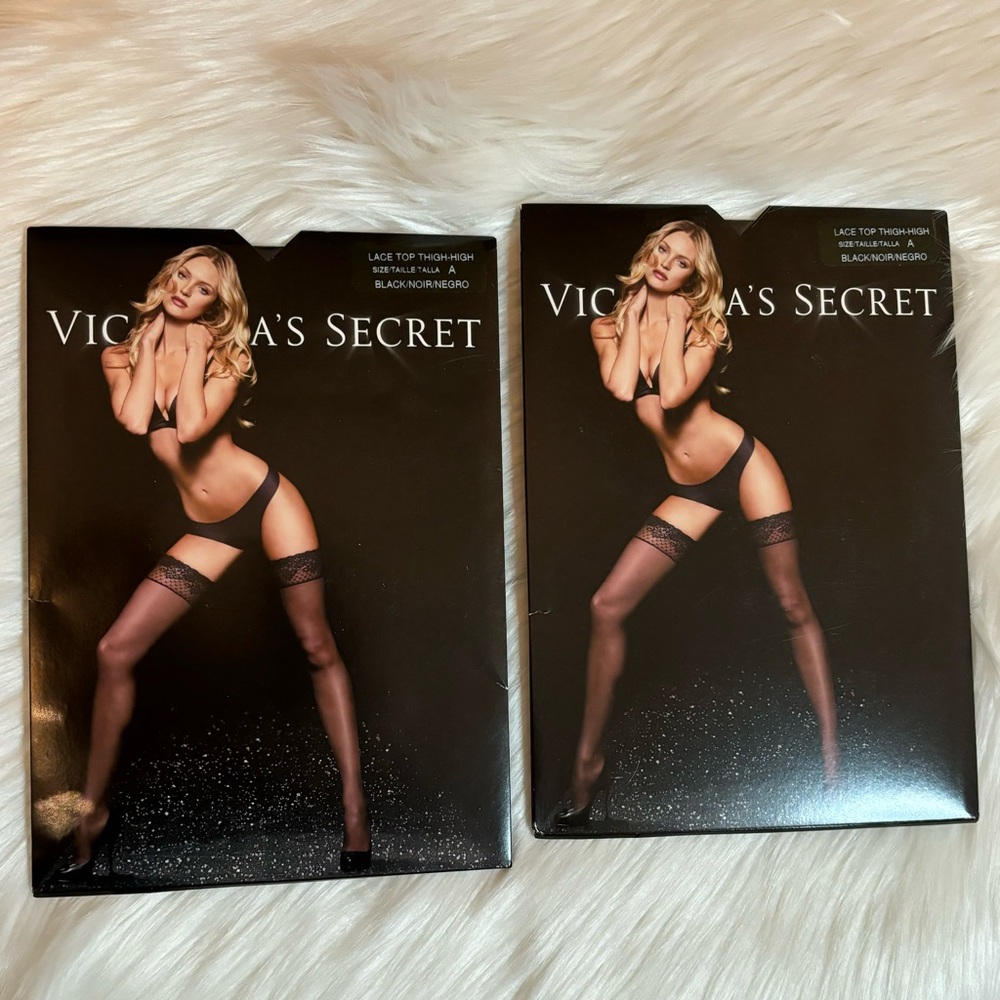 2 Pair Victoria Secret Lace Top Thigh High Black Sheer “A” (NWT)